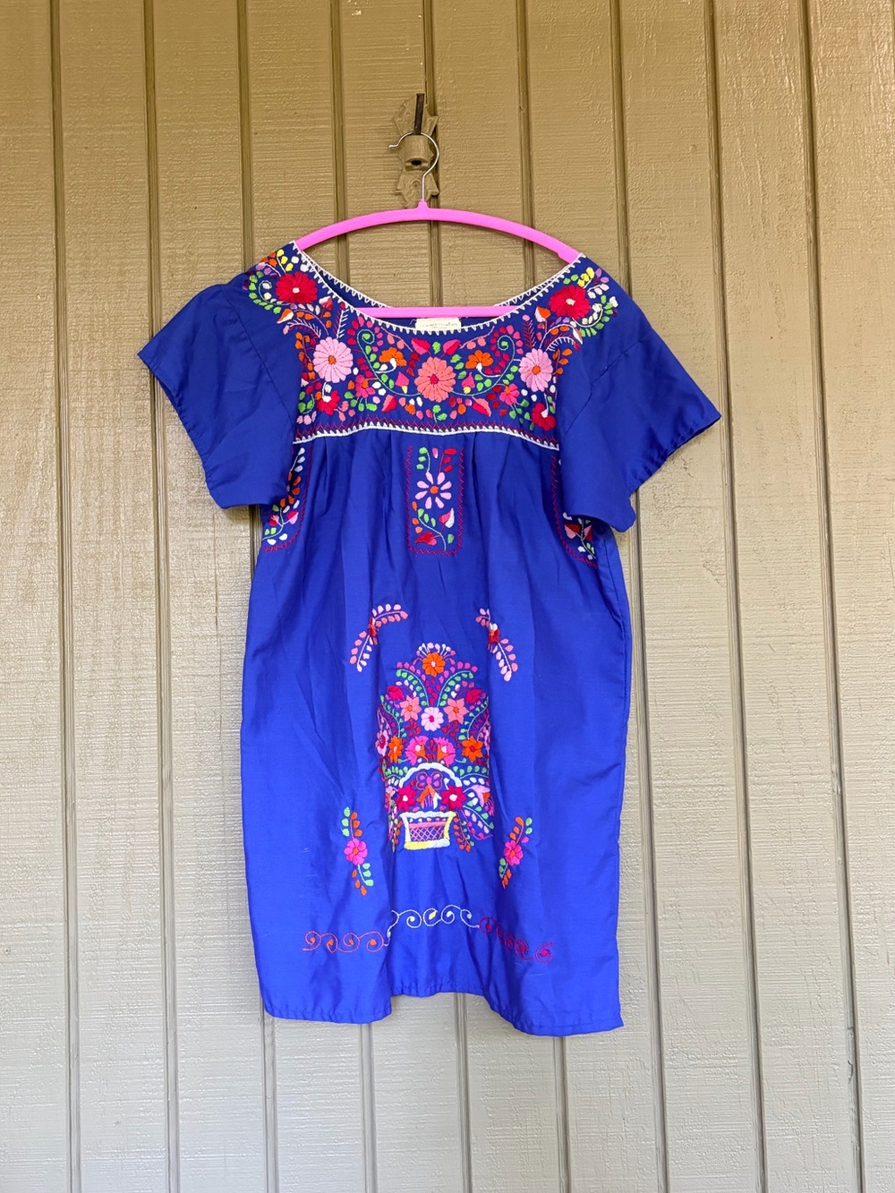 La Morenita Imports Blue Hand Embroidered Mexican Dress M